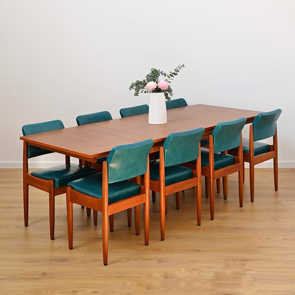8x Mid Century Teak Teal Vinyl Dining Chairs by Chiswell
