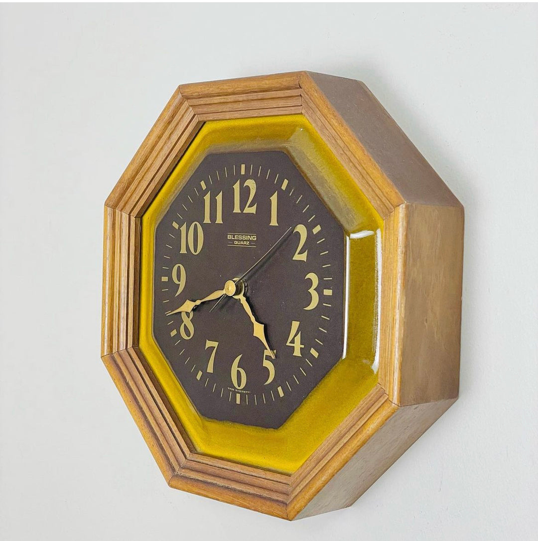 Mid Century Ceramic and Timber German Wall Clock made by Blessing