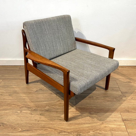 Mid Century Teak Occasional low back Armchair by Fler - custom Warwick upholstery