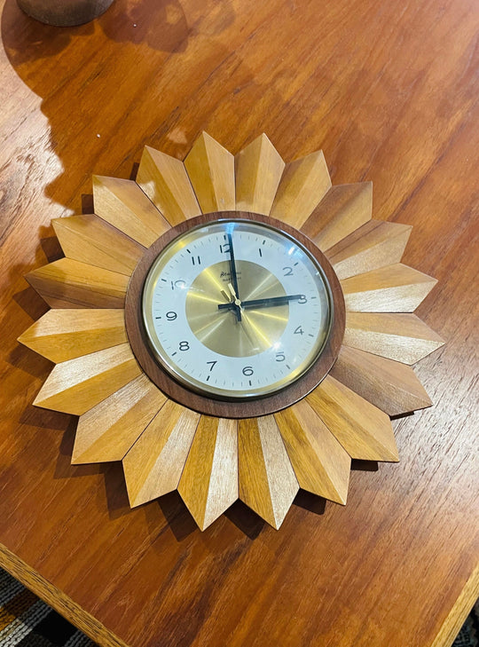 Mid Century European Sunburst Timber Clock by Bentima