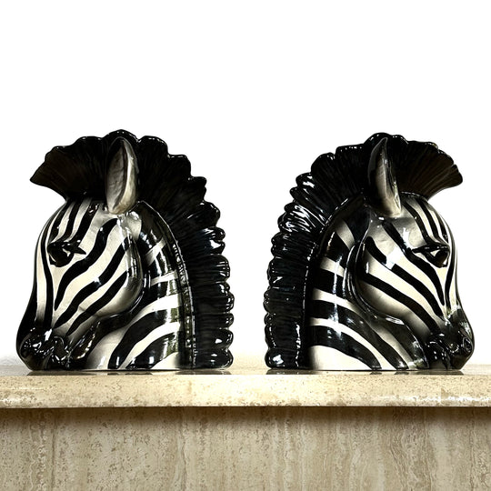 Retro Pair of Zebra Head Ceramic Pots Planters