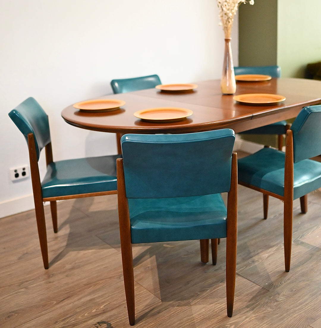 5x Mid Century Teak Teal Vinyl Dining Chairs by Chiswell