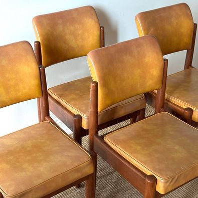 4 x Mid Century Teak Mustard Vinyl Dining Chairs by Chiswell