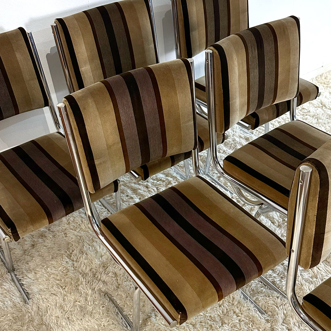 Retro Velvet and Chrome Chairs and Smoked Glass and Chrome Dining Table