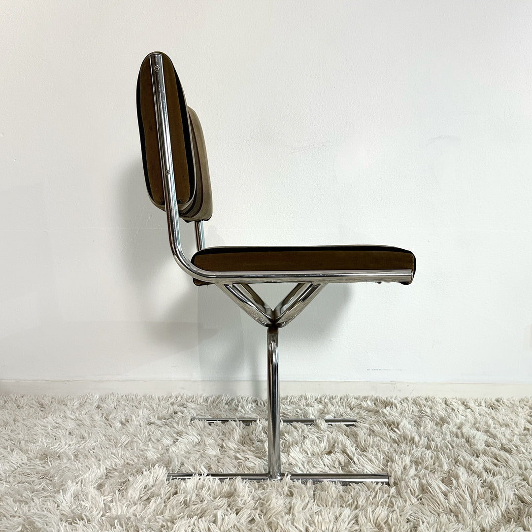 Retro Velvet and Chrome Chairs and Smoked Glass and Chrome Dining Table