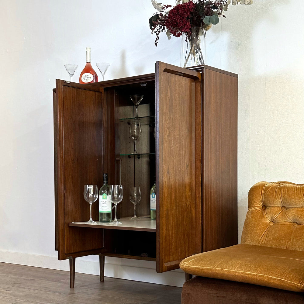 Mid Century Walnut Sideboard Display Cocktail Bar Cabinet by Chiswell