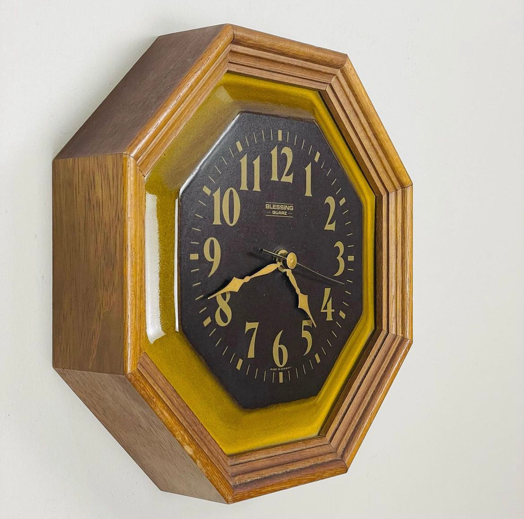 Mid Century Ceramic and Timber German Wall Clock made by Blessing