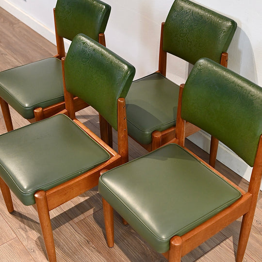 4x Mid Century Teak Green Vinyl Dining Chairs by Chiswell