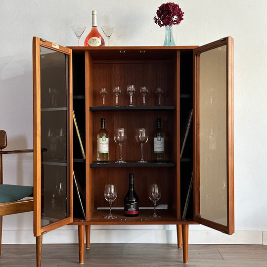 Mid Century Teak and Smoked Glass Display Cabinet LP cabinet made by Chiswell