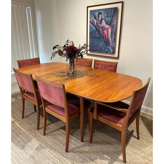 6 x Mid Century Teak Button Back Dining Chairs with Dusty Pink Upholstery by Parker