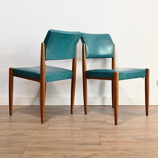 5x Mid Century Teak Teal Vinyl Dining Chairs by Chiswell