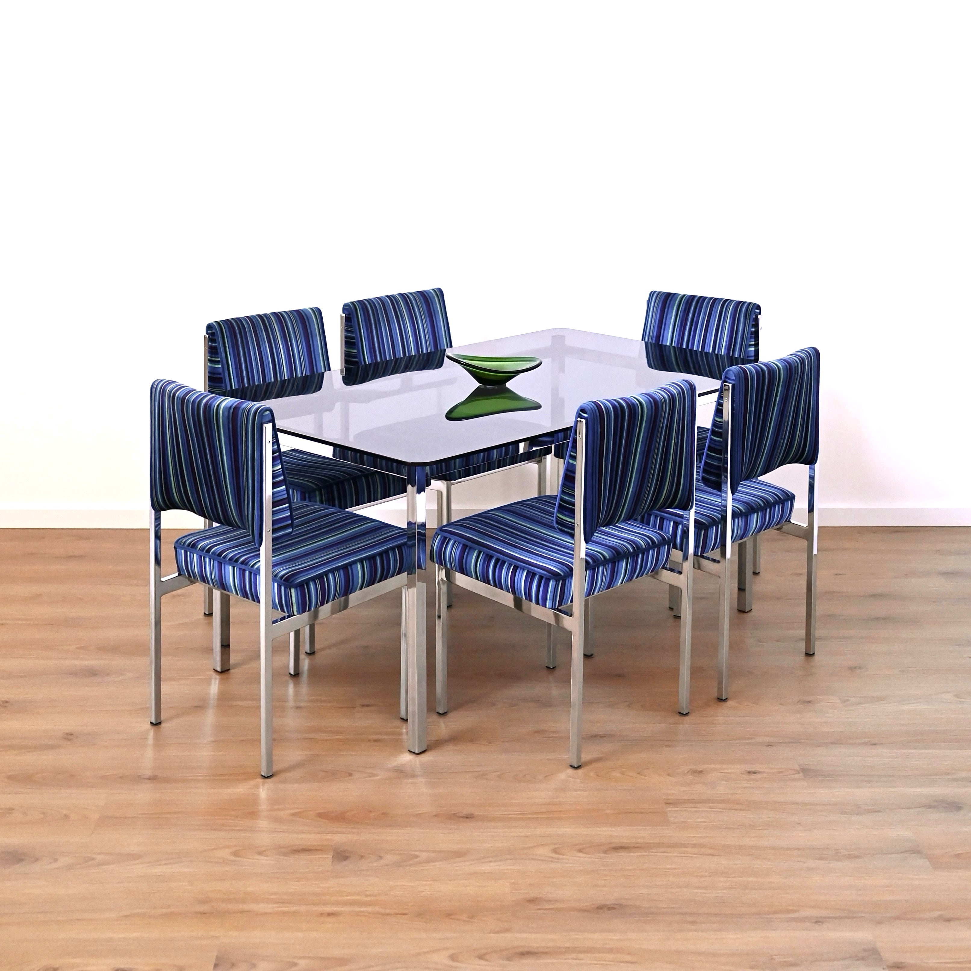 Mid Century Retro Blue Striped Velvet and Chrome Dining Set by ULTRA
