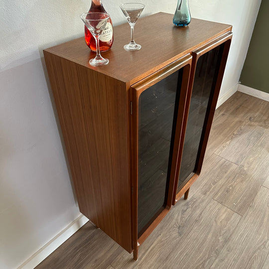 Mid Century Teak and Smoked Glass Display Cabinet LP cabinet made by Chiswell - wooden shelves