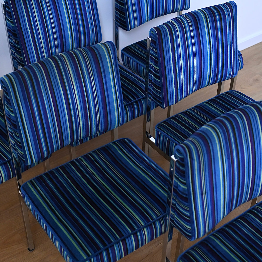 Mid Century Retro Blue Striped Velvet and Chrome Dining Set by ULTRA