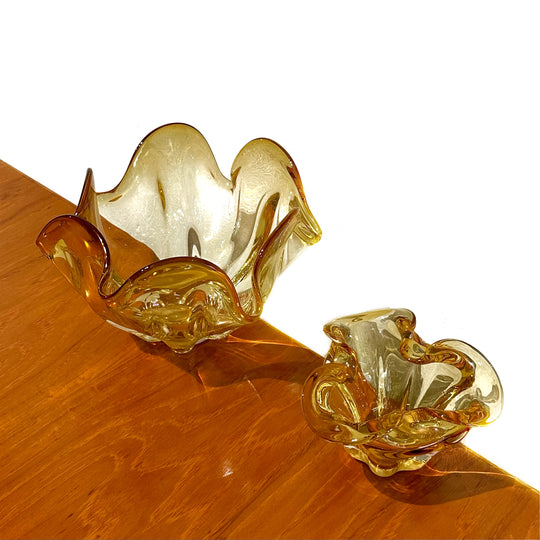 Mid Century Art Glass Vase Handkerchief Bowl Pair