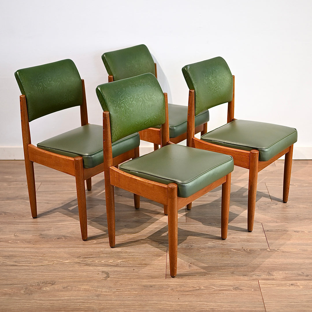 4x Mid Century Teak Green Vinyl Dining Chairs by Chiswell