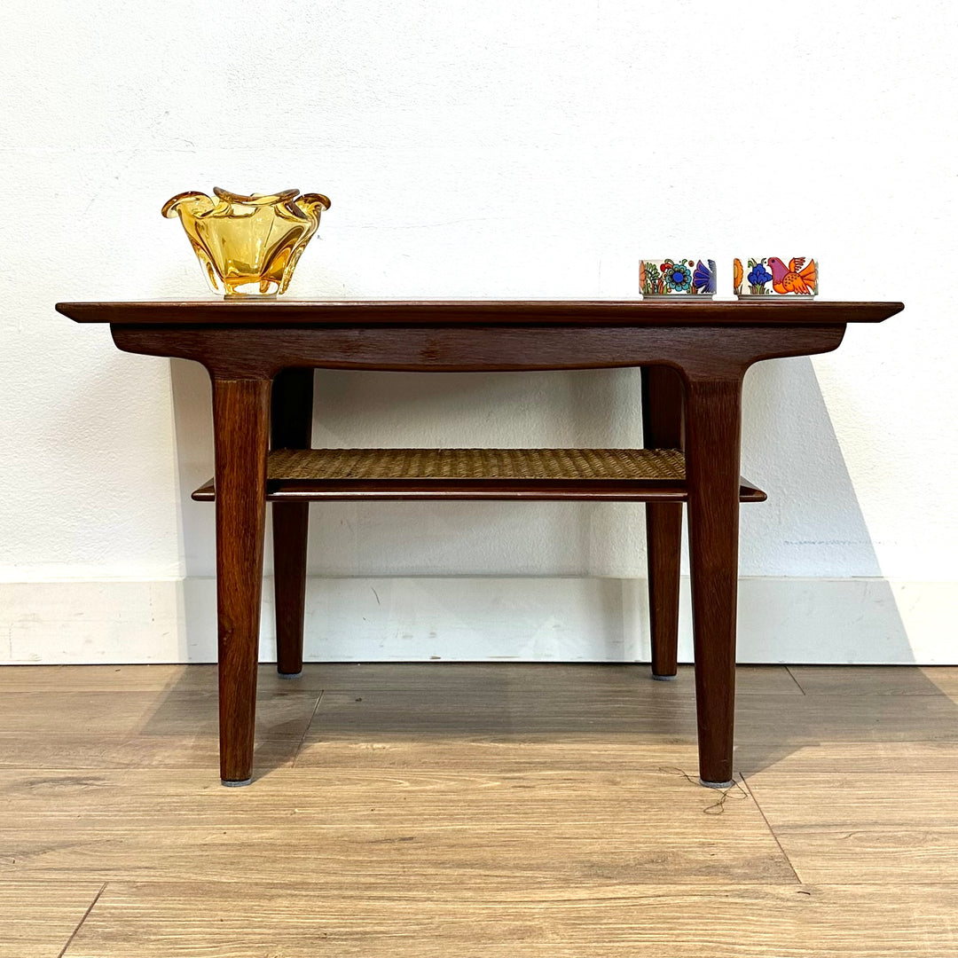 Danish Mid Century Small Coffee Table with Rattan Shelf