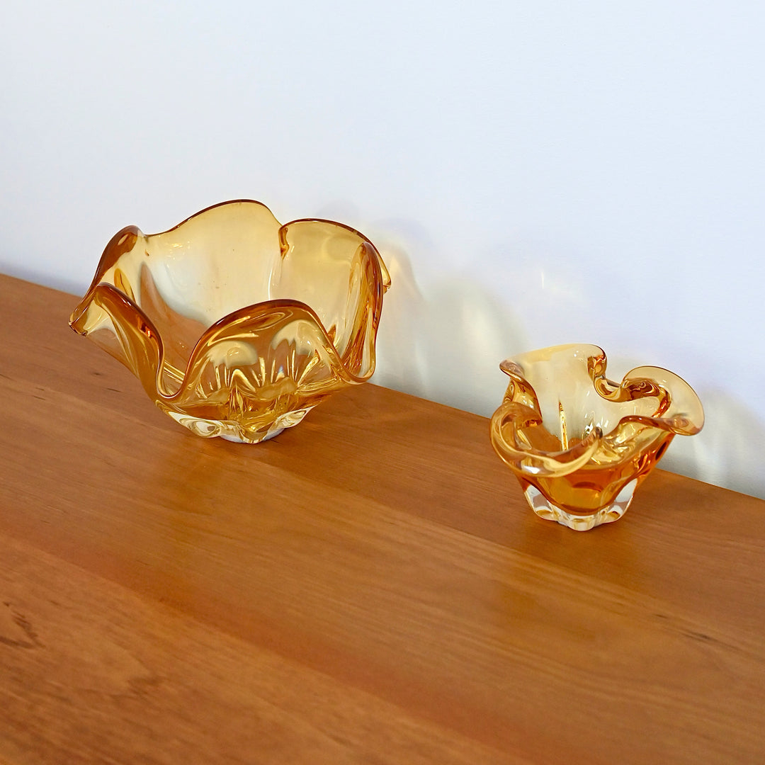 Mid Century Art Glass Vase Handkerchief Bowl Pair