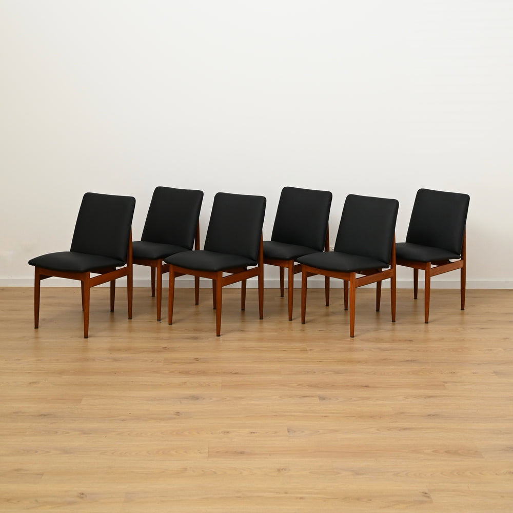 6x Parker Teak Mid Century 'Ballarat' Dining Chairs with Black Leather Upholstery