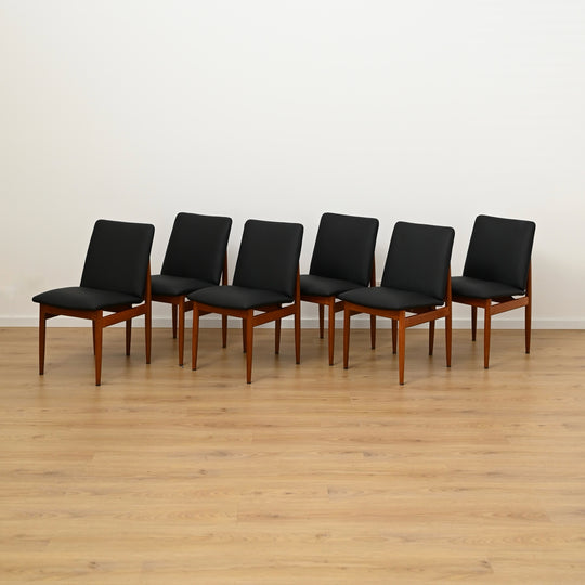 6x Parker Teak Mid Century 'Ballarat' Dining Chairs with Black Leather Upholstery
