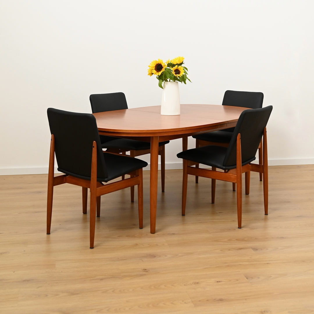 6x Parker Teak Mid Century 'Ballarat' Dining Chairs with Black Leather Upholstery