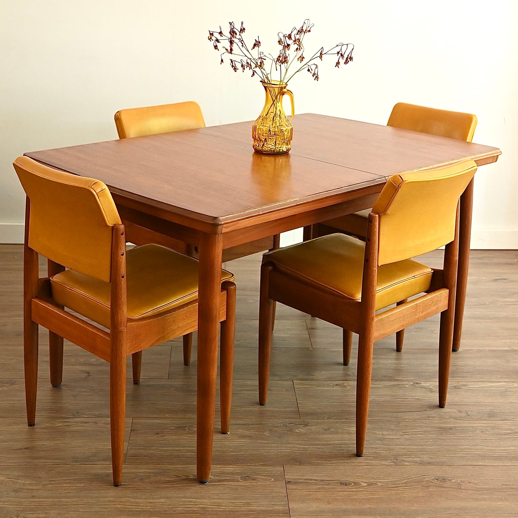 4x Mid Century Teak Mustard Vinyl Dining Chairs by Chiswell