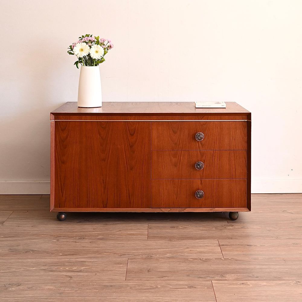 Mid Century Teak Sideboard Chest Trunk Drawers on Wheels