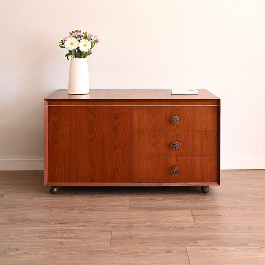Mid Century Teak Sideboard Chest Trunk Drawers on Wheels