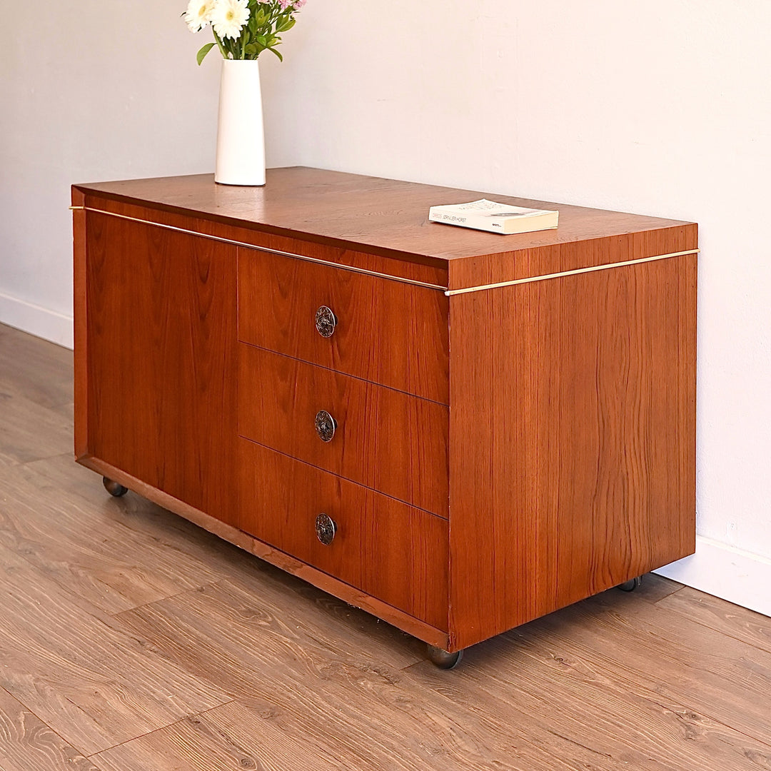 Mid Century Teak Sideboard Chest Trunk Drawers on Wheels