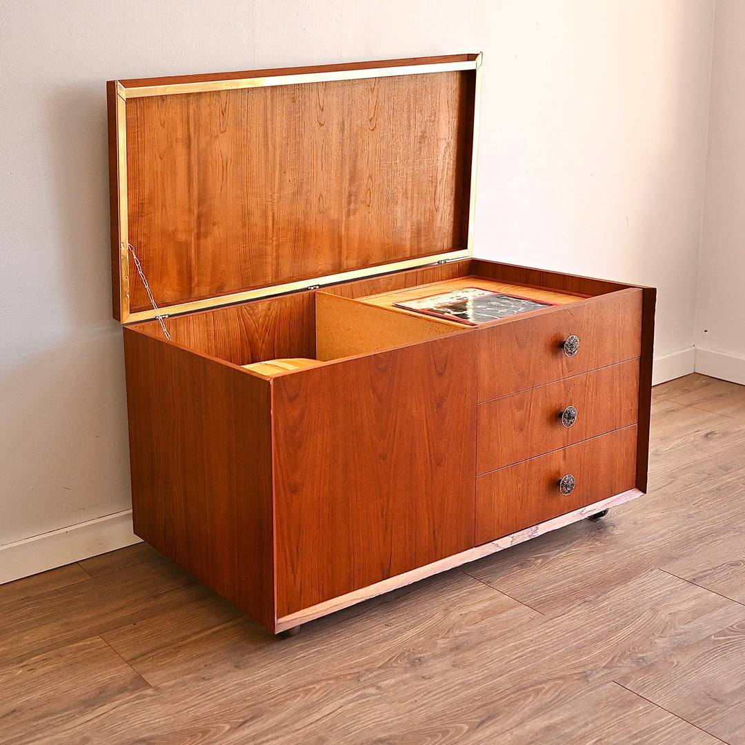 Mid Century Teak Sideboard Chest Trunk Drawers on Wheels