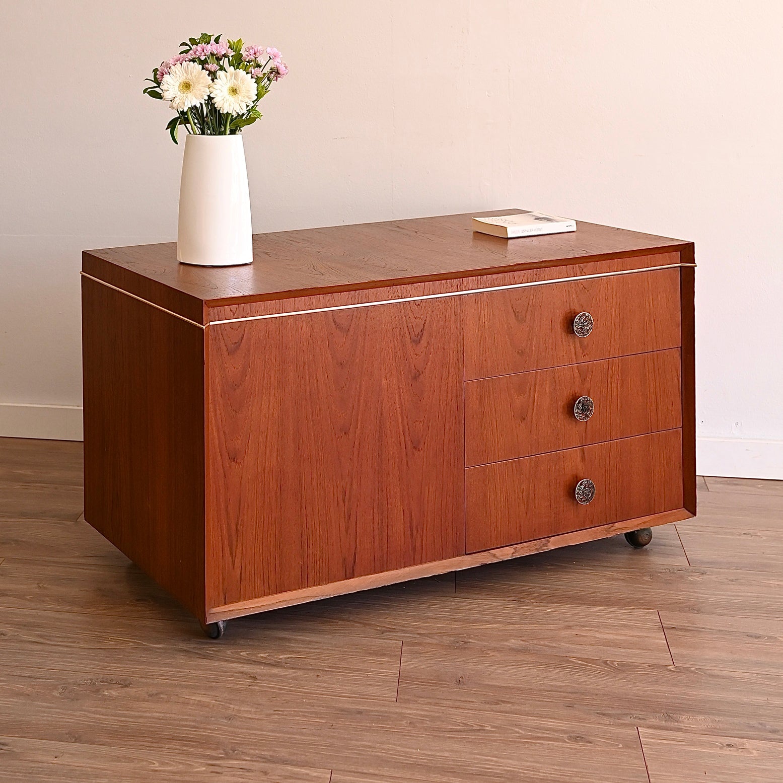Mid Century Teak Sideboard Chest Trunk Drawers on Wheels