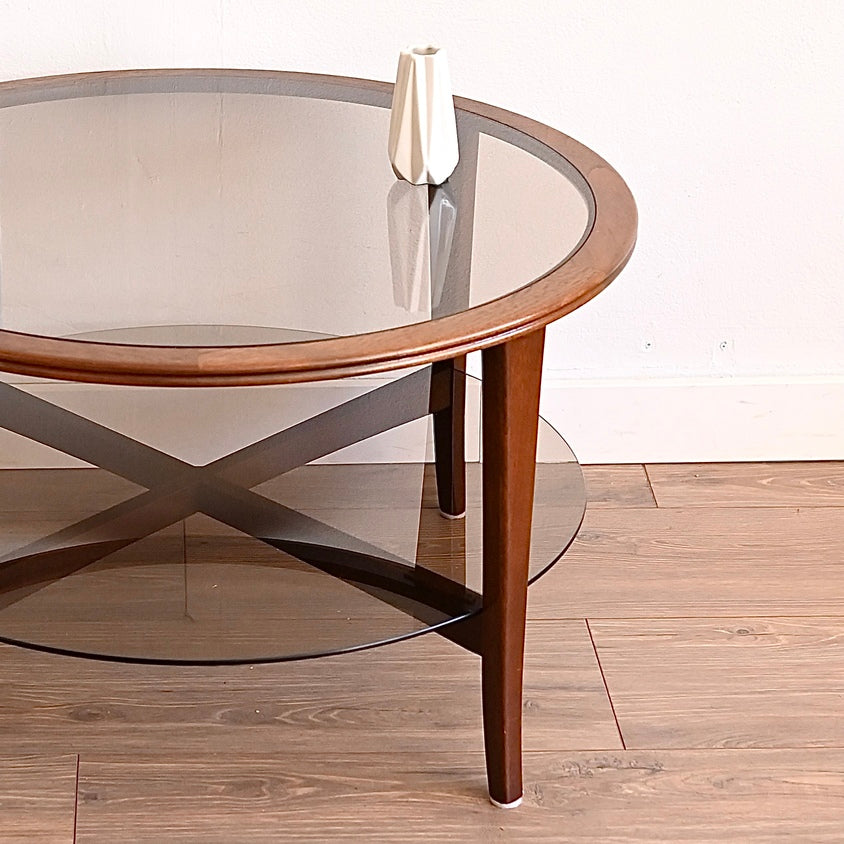 Mid Century Walnut Round Smoked Glass Coffee Table by Chiswell