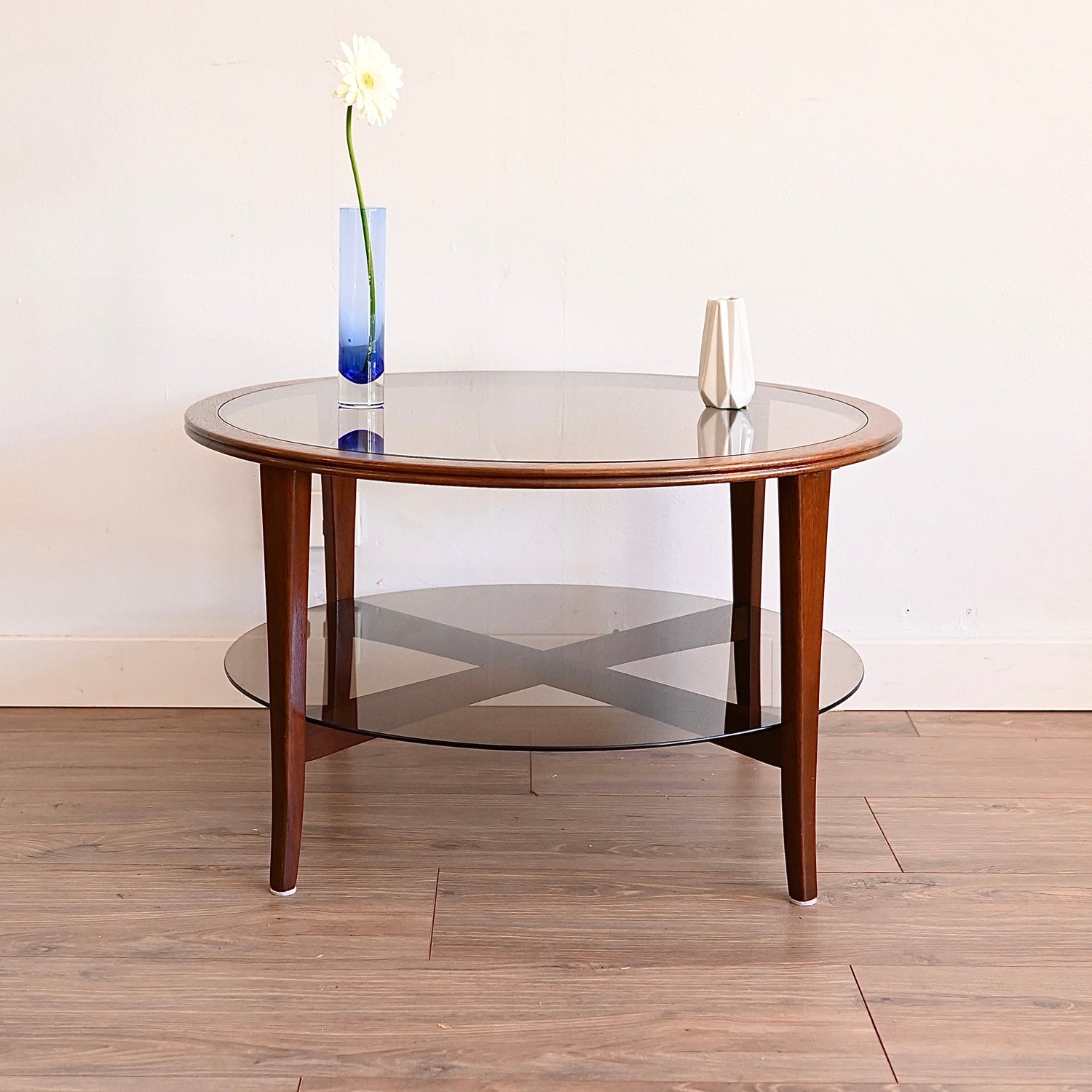 Mid Century Walnut Round Smoked Glass Coffee Table by Chiswell