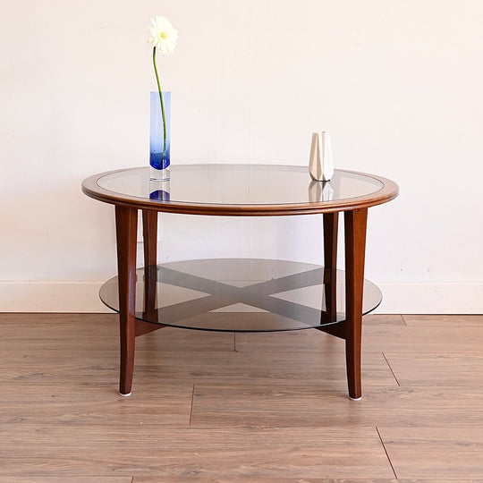 Mid Century Walnut Round Smoked Glass Coffee Table by Chiswell