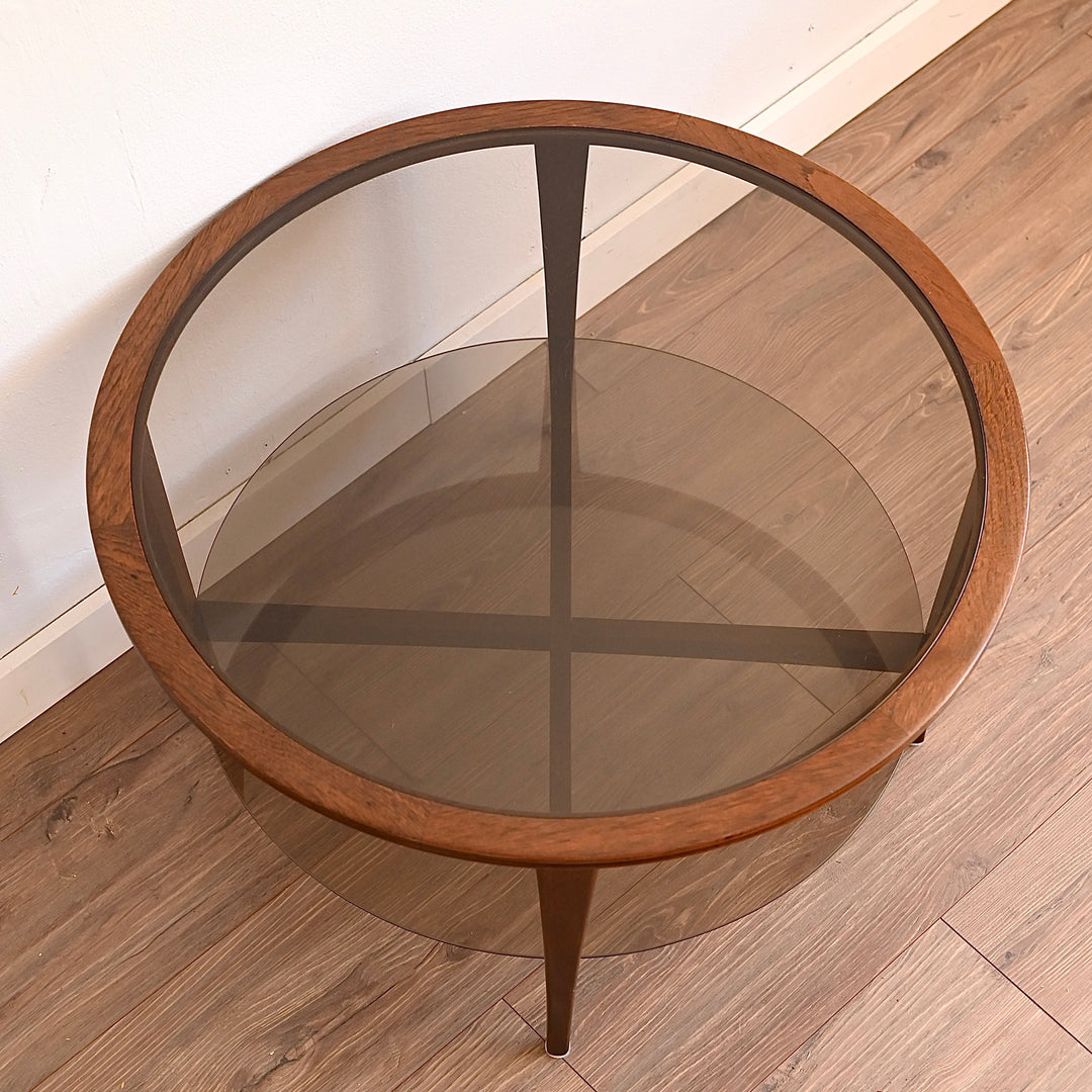 Mid Century Walnut Round Smoked Glass Coffee Table by Chiswell