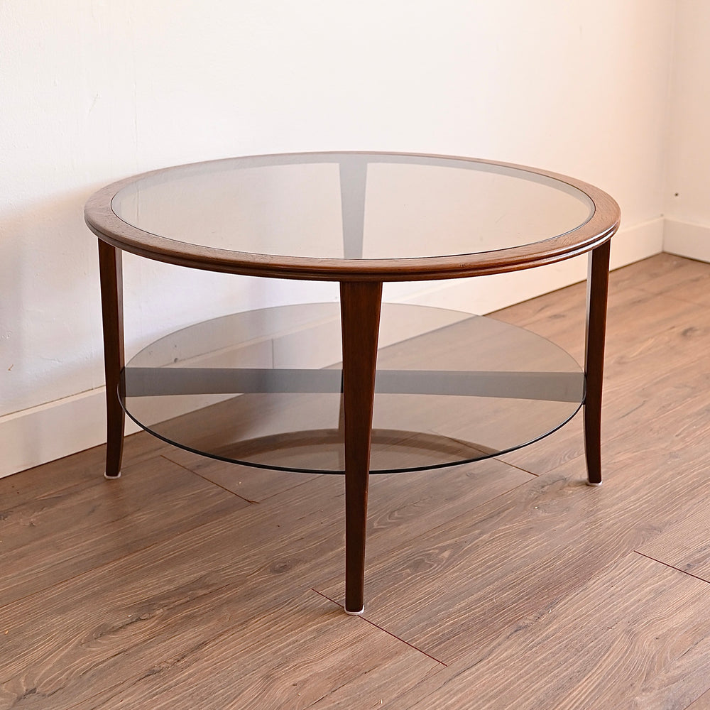 Mid Century Walnut Round Smoked Glass Coffee Table by Chiswell