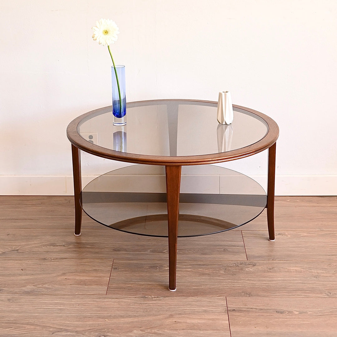 Mid Century Walnut Round Smoked Glass Coffee Table by Chiswell