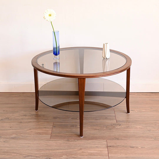 Mid Century Walnut Round Smoked Glass Coffee Table by Chiswell
