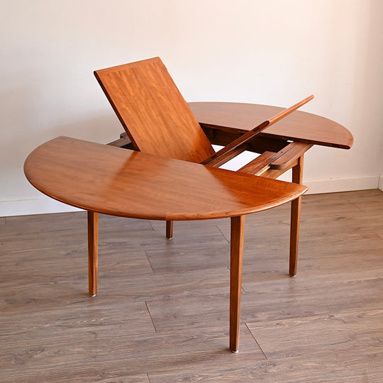 Mid Century Teak Round Extendable Dining Table by Fler