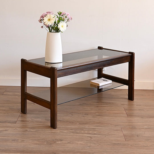 Mid Century Walnut Smoked Glass Coffee Table by Chiswell