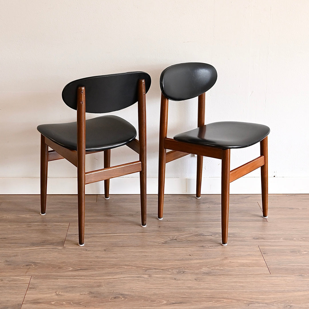 6x Mid Century Teak Black Vinyl Dining Chairs by Elite