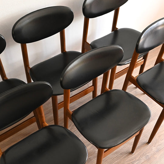 6x Mid Century Teak Black Vinyl Dining Chairs by Elite