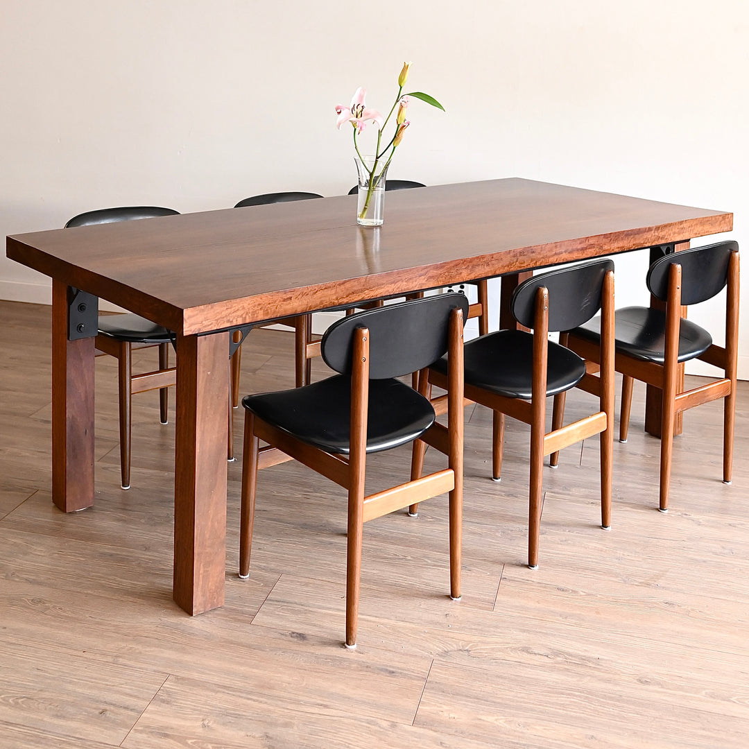 6x Mid Century Teak Black Vinyl Dining Chairs by Elite
