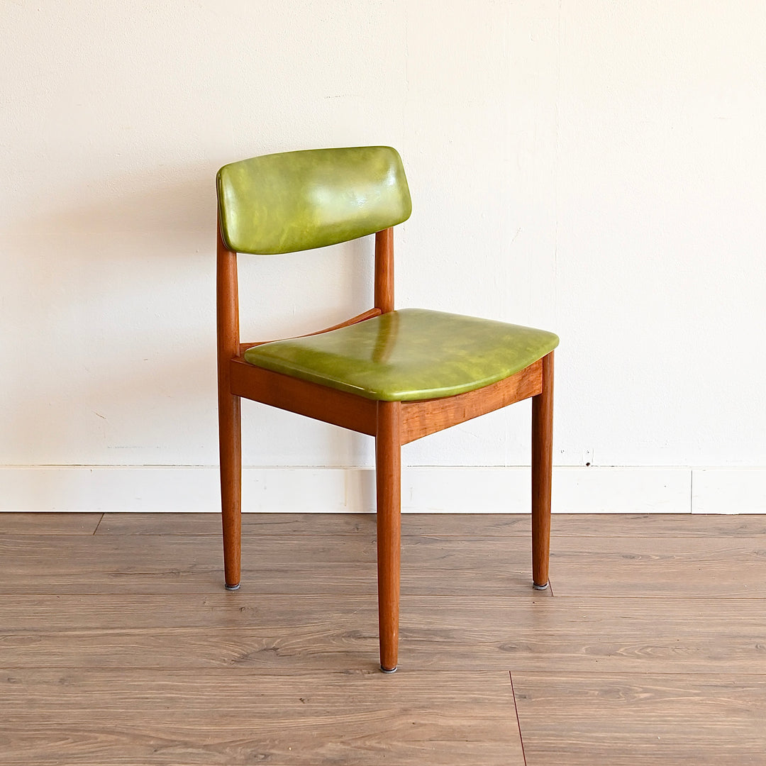 6x Mid Century Teak Green Vinyl Dining Chairs by Chiswell