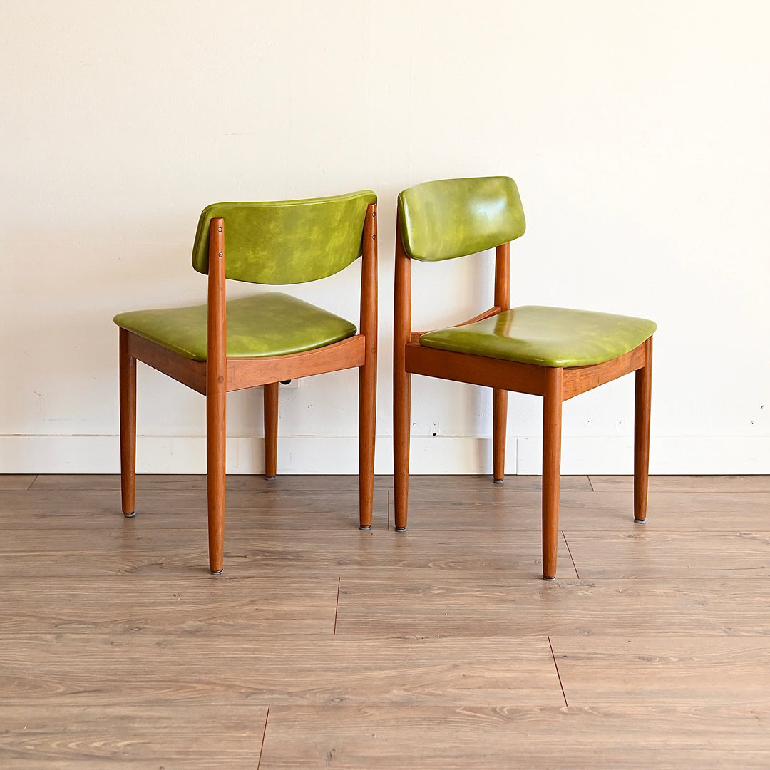 6x Mid Century Teak Green Vinyl Dining Chairs by Chiswell