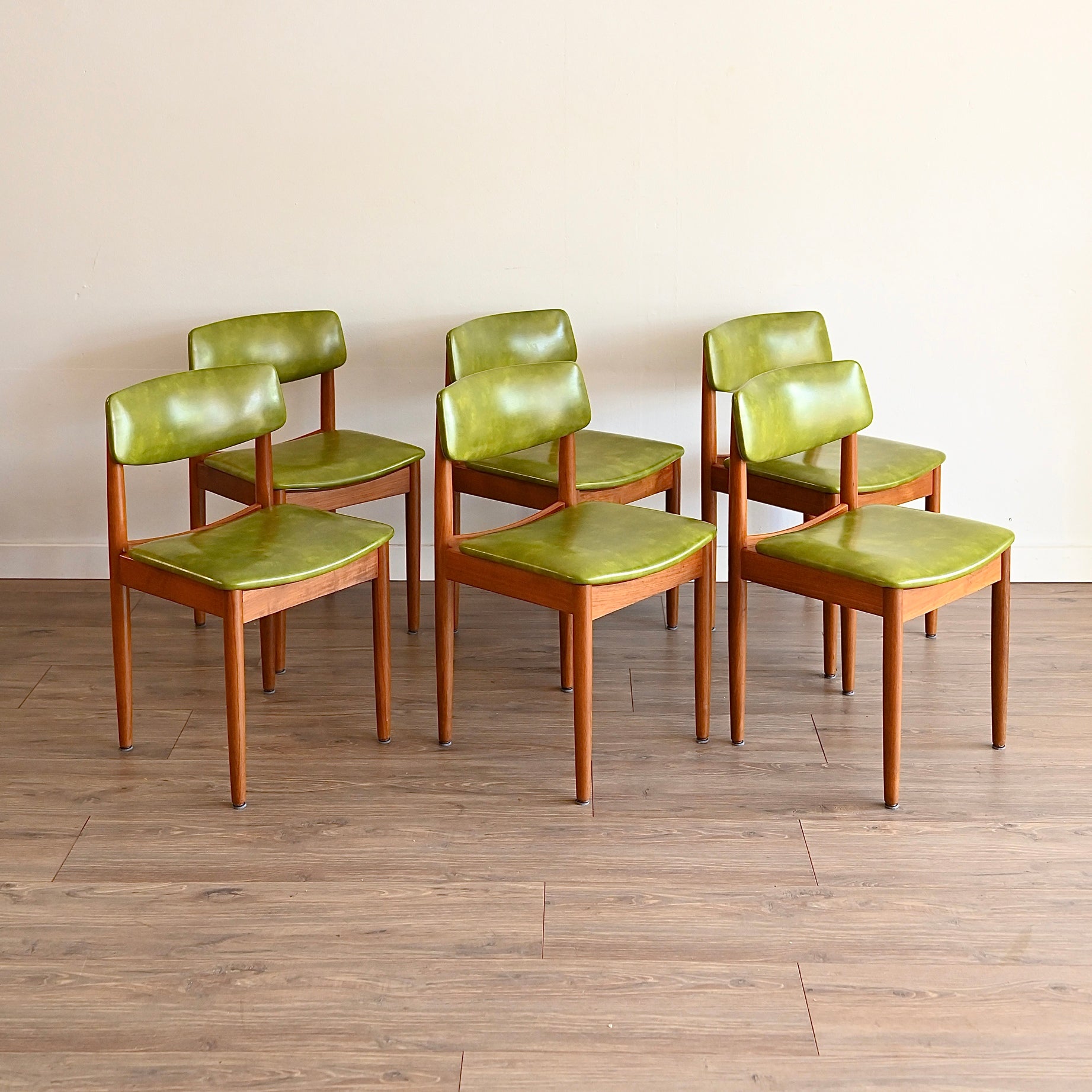 6x Mid Century Teak Green Vinyl Dining Chairs by Chiswell