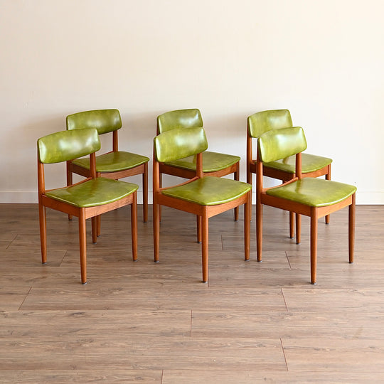 6x Mid Century Teak Green Vinyl Dining Chairs by Chiswell