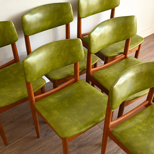 6x Mid Century Teak Green Vinyl Dining Chairs by Chiswell