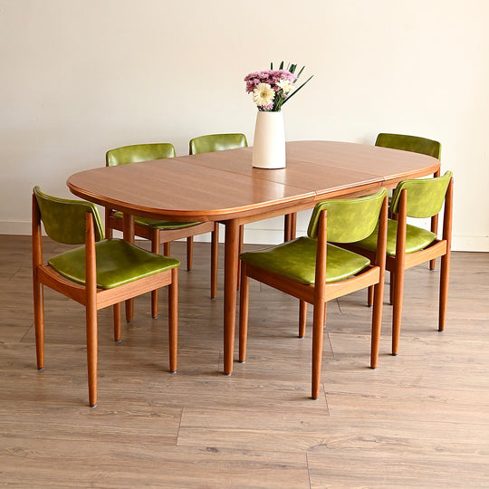 6x Mid Century Teak Green Vinyl Dining Chairs by Chiswell