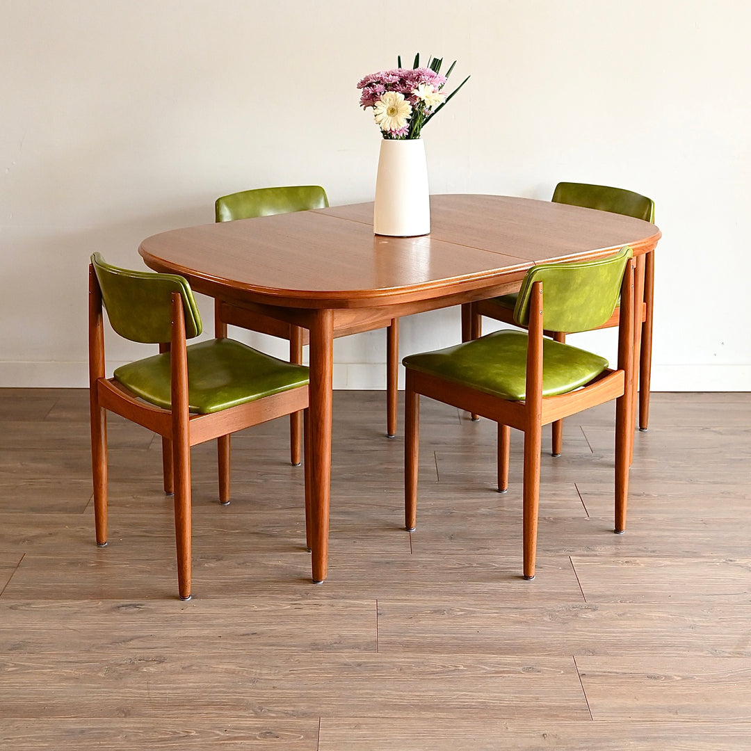 6x Mid Century Teak Green Vinyl Dining Chairs by Chiswell